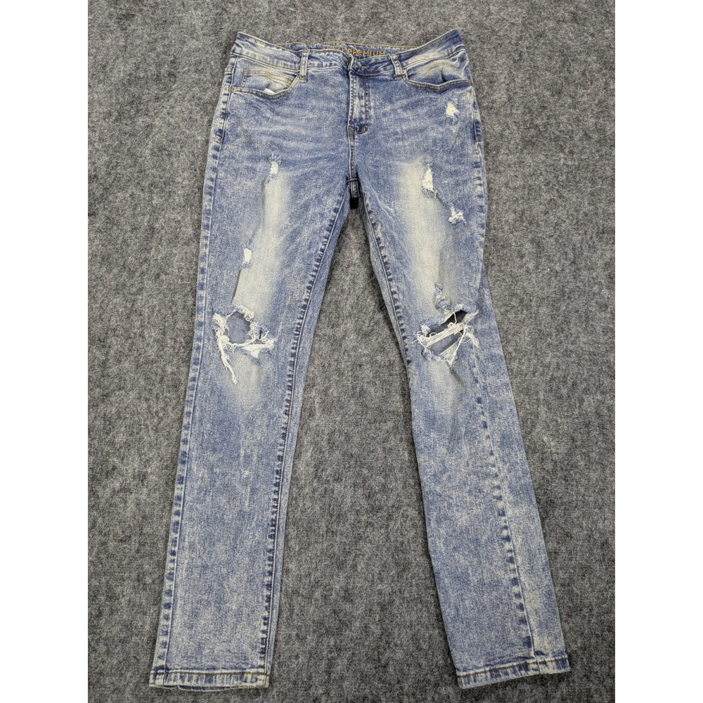 Rue21 Premium Supreme Flex Skinny Jeans Mens 34x32 Acid Wash Distressed Blue